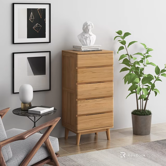 Wooden Chest of Drawers with Multiple Drawers Bust Sculpture Potted Plant and Framed Wall Art 3d model 