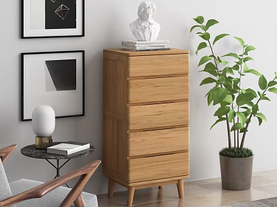 Wooden Chest of Drawers with Multiple Drawers Bust Sculpture Potted Plant and Framed Wall Art 3d model