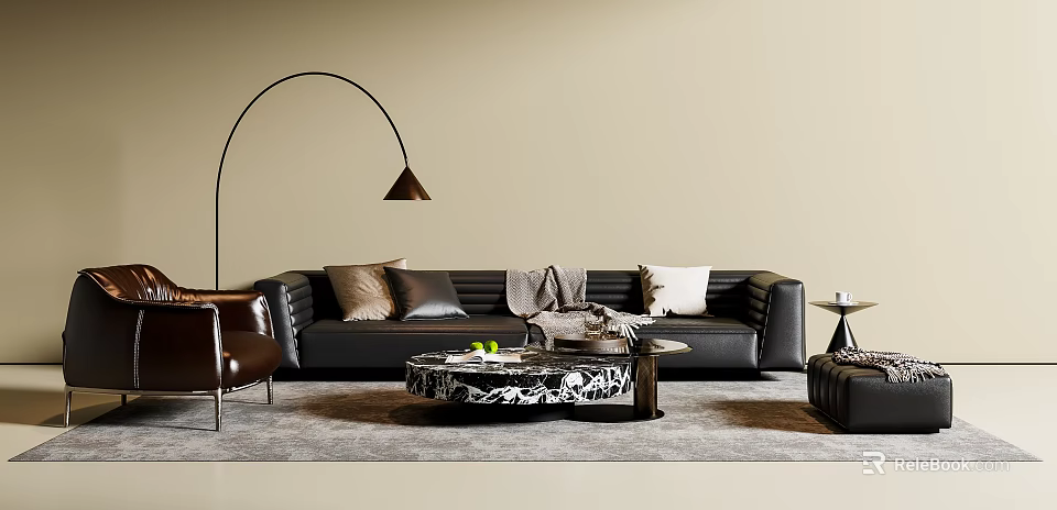 Modern Black Leather Sofa Coffee Table Set With Marble Top Floor Lamp And Throw Pillows 3d model 