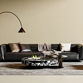 Modern Black Leather Sofa Coffee Table Set With Marble Top Floor Lamp And Throw Pillows
