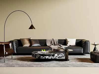 Modern Black Leather Sofa Coffee Table Set With Marble Top Floor Lamp And Throw Pillows 3d model