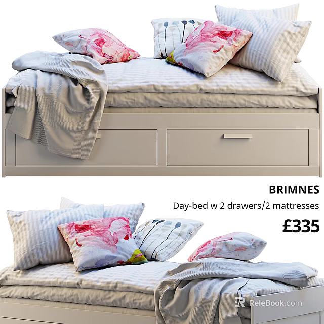 Brimnes Day Bed with 2 Drawers and 2 Mattresses and Floral Pillows with Soft Blanket 3d model 