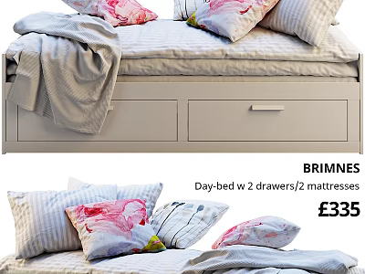 Brimnes Day Bed with 2 Drawers and 2 Mattresses and Floral Pillows with Soft Blanket 3d model