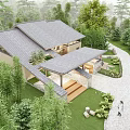 Traditional Modern Courtyard Architecture With Sloped Roof Green Trees And Pedestrian