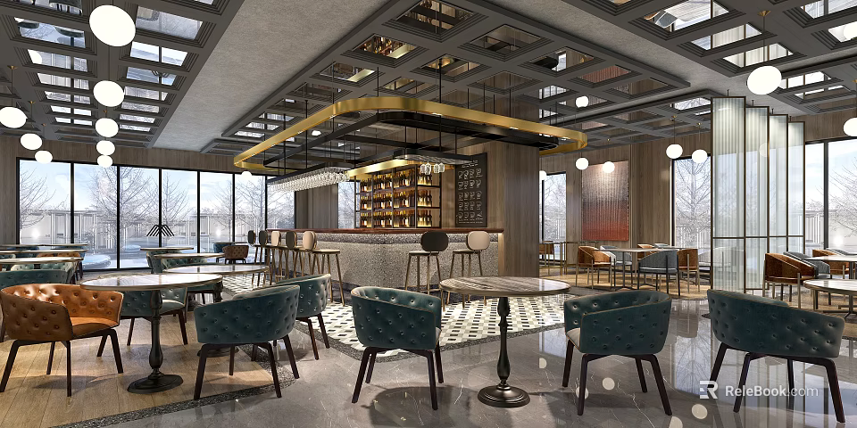 Elegant Modern Café Interior Design With Bar Counter Bookshelf Blue Chairs And Gold Lighting 3d model 