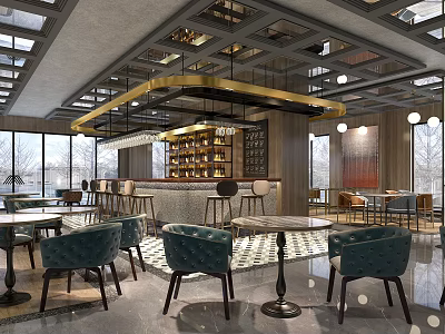 Elegant Modern Café Interior Design With Bar Counter Bookshelf Blue Chairs And Gold Lighting 3d model