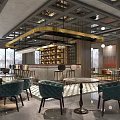 Elegant Modern Café Interior Design With Bar Counter Bookshelf Blue Chairs And Gold Lighting