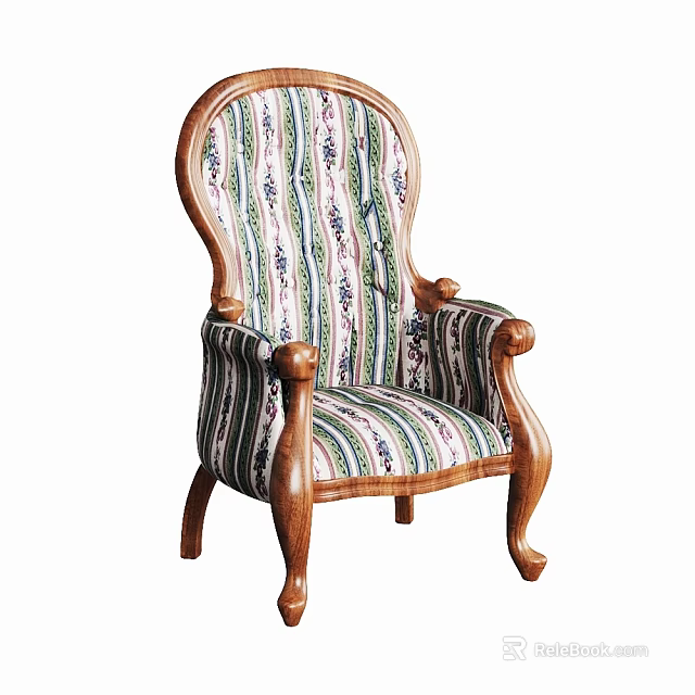 Vintage Leisure Chair With Wooden Frame Striped Fabric Upholstery And Carved Armrests 3d model 