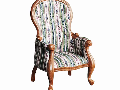 Vintage Leisure Chair With Wooden Frame Striped Fabric Upholstery And Carved Armrests 3d model