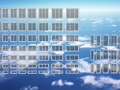 Rectangular Glass Window Panels Arranged Against Blue Sky With White Clouds Background 3d model