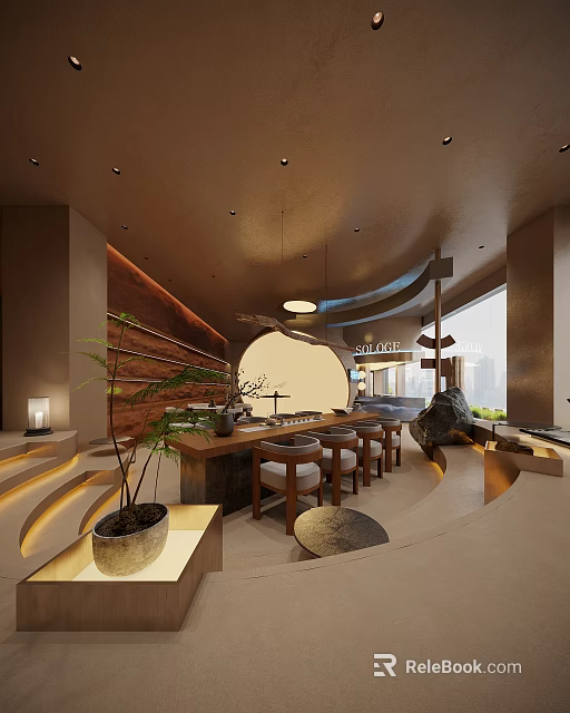 Modern Clubhouse Interior With Wooden Decor Greenery And Curved Design 3d model 