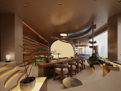 Modern Clubhouse Interior With Wooden Decor Greenery And Curved Design 3d model