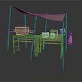 Rustic Outdoor Daily Necessities Display With Wooden Frame Canopy Tables Boxes And Baskets