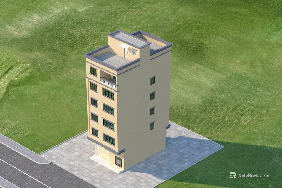 Single Family Detached Villa with Multi Story Structure Beige Exterior and Green Lawn Modern Design 3d model 