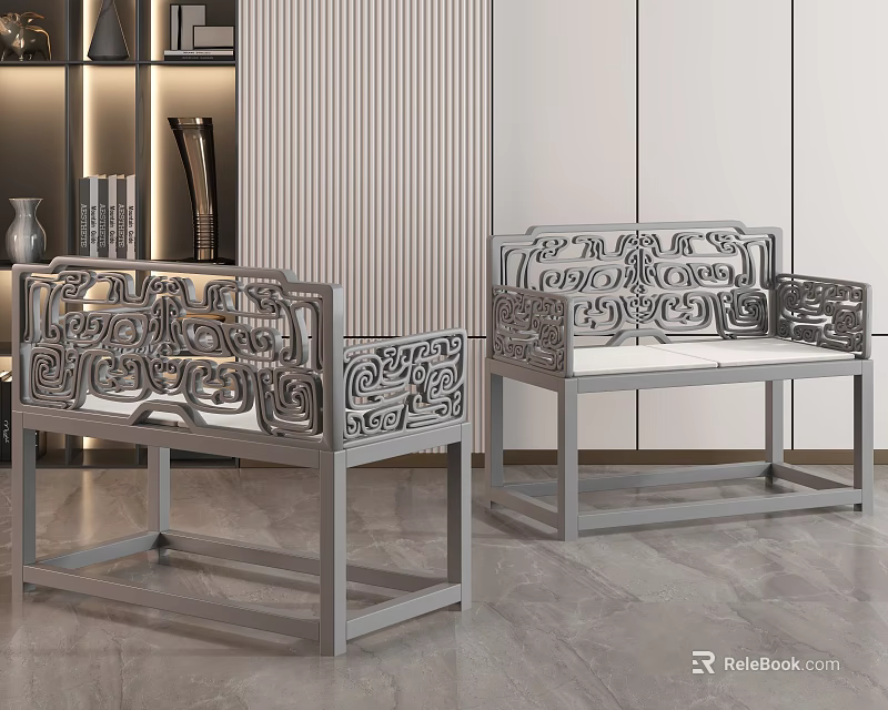 Modern Gray Single Sofa with Carved Backrest and Armrests in Living Room Interior 3d model 