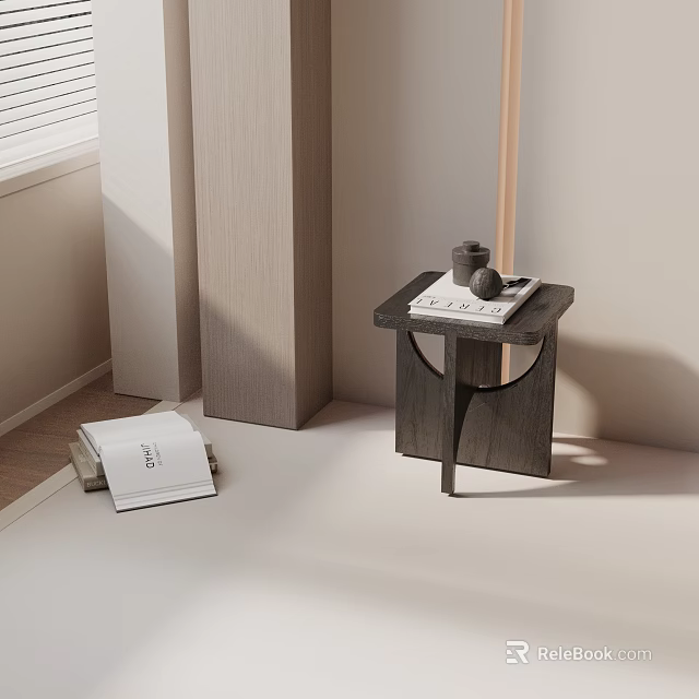 Modern Minimalist Wooden Side Table With Decorative Items In Living Corner 3d model 