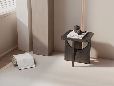 Modern Minimalist Wooden Side Table With Decorative Items In Living Corner 3d model