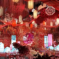 Chinese Style Banquet Hall With Red Decor Lanterns Flowers Chandeliers And Traditional Patterns