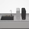 Modern Kitchen Countertop With Black Sink Faucet Golden Accessories White And Black Kitchen Appliances