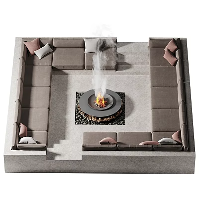 Cozy Outdoor Sofa Setup Surrounded by Fire Pit and Decorative Pillows 3d model