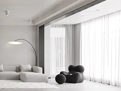 Modern Living Room With White Sofa Set Black Chair Floor Lamp And White Curtains 3d model