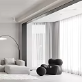 Modern Living Room With White Sofa Set Black Chair Floor Lamp And White Curtains