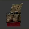 Vintage Brown Leather Pouch With Small Metal Containers On Red Square Base