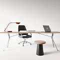 Modern Wooden Office Desk With Laptop Red Lamp Books And Black Chair