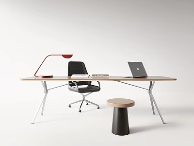 Modern Wooden Office Desk With Laptop Red Lamp Books And Black Chair 3d model