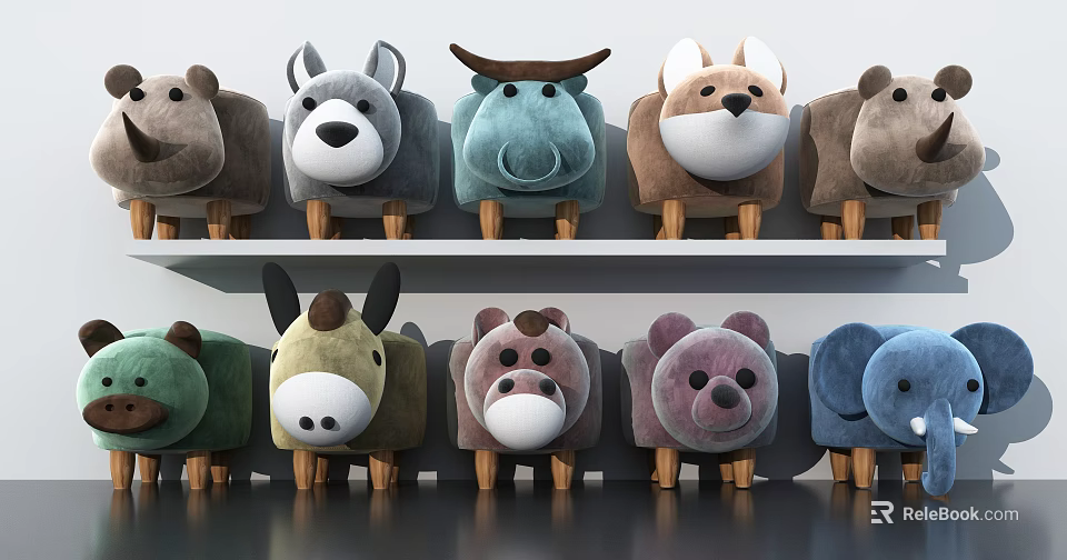 Plush Animal Dolls With Various Animal Designs And Wooden Legs On Shelf 3d model 