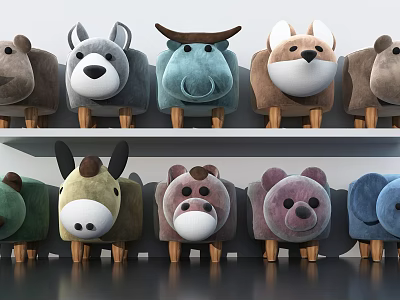 Plush Animal Dolls With Various Animal Designs And Wooden Legs On Shelf 3d model