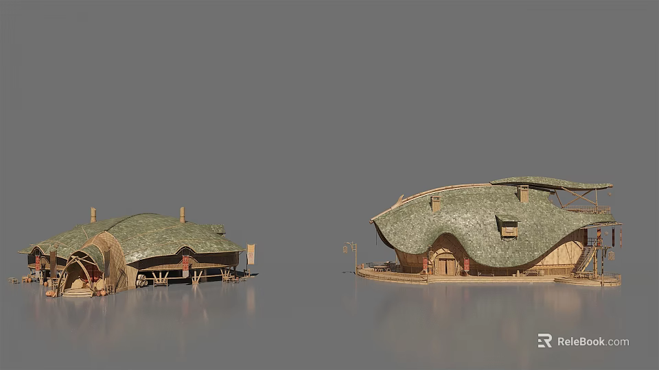 Water Houses With Green Wavy Roofs And Wooden Structure On Calm Water Under Gray Sky 3d model 