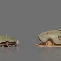 Water Houses With Green Wavy Roofs And Wooden Structure On Calm Water Under Gray Sky