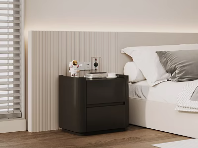 Black Bedside Table With Lamp And Decorative Items Next To White Bed In Modern Bedroom 3d model