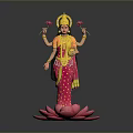 Four Armed Goddess Sculpture Carving Holding Lotus Flowers In Traditional Attire Standing On Lotus Pedestal