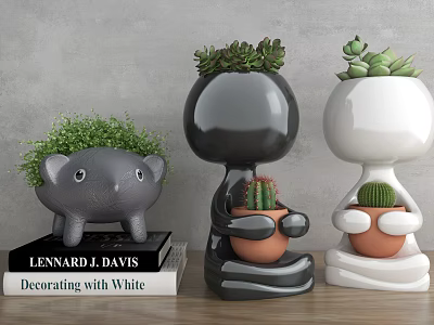 Decorative Potted Plants Cat Shaped Black White Human Shaped With Succulents Cactus 3d model