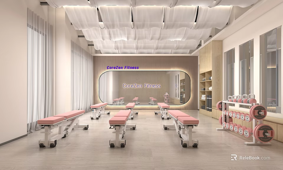 Modern CoreZen Fitness Studio Interior With Pink Benches And Hanging Ceiling Decor 3d model 