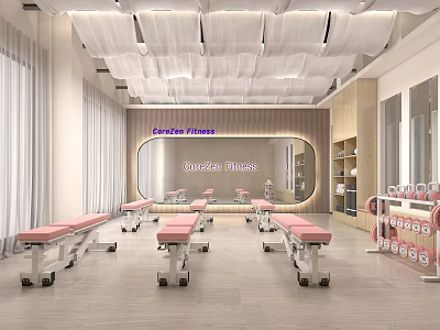 Modern CoreZen Fitness Studio Interior With Pink Benches And Hanging Ceiling Decor 3d model