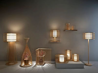 Warm Glow Lighting Combinations With Floor Table Wall Lamps Wooden Frames And Woven Designs 3d model