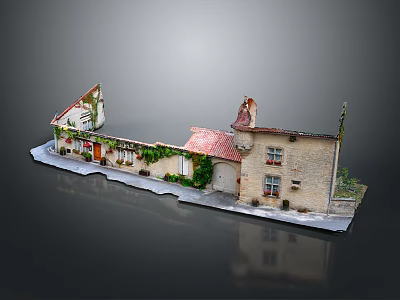 3D Model Of European Stone Cottages With Red Roofs Vines Windows And Doors 3d model