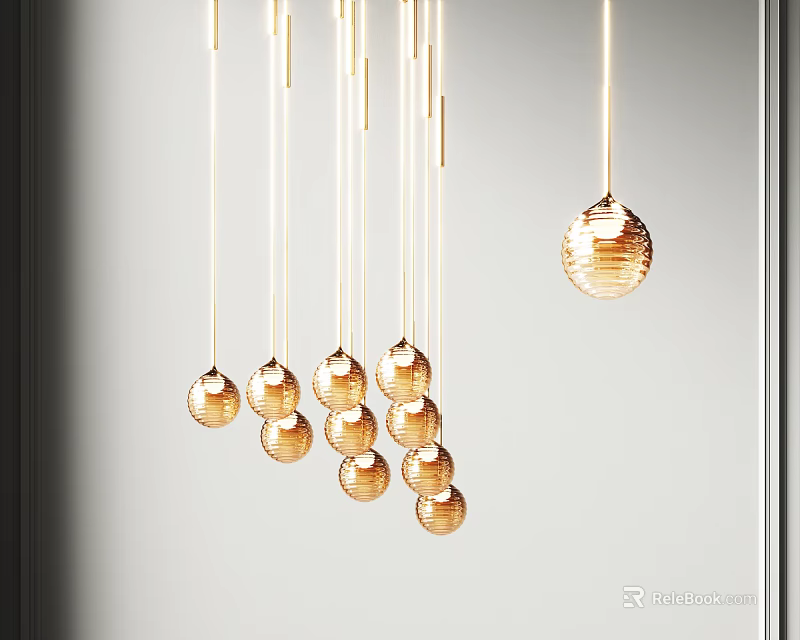 Modern Interior Decor With Golden Spherical Hanging Chandelier And Multiple Glossy Balls 3d model 