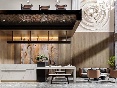 Elegant Modern Hotel Lobby Interior Design With Marble Reception Desk Wooden Walls And Decorative Lighting 3d model
