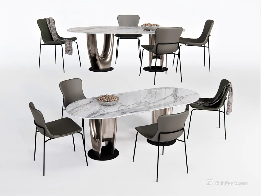 Modern Dining Table Set With Marble Tabletop And Metal Legs Including Chairs 3d model