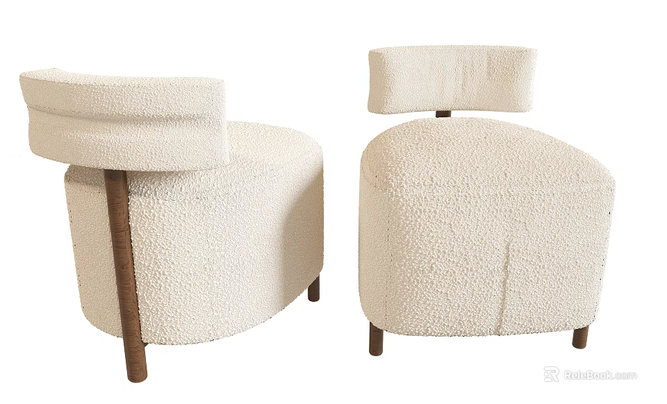 Modern Cream Colored Stools With Fluffy Fabric And Wooden Legs Design 3d model 