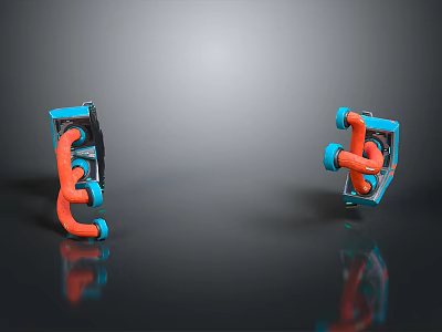 Abstract Landscape with Blue and Orange 3D Models on Black Reflective Surface and Gray Gradient 3d model
