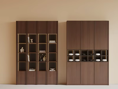 Modern Dark Brown Tea Cabinet With Open Shelves And Glass Door Storage 3d model