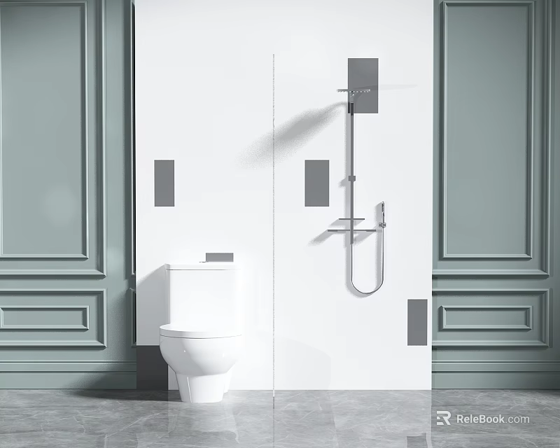 Modern Toilet Design In Bathroom With Light Green Walls And White Partition 3d model 