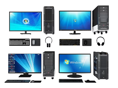 PC Desktop Components Including Monitors Towers Keyboards Mice And Headphones 3d model