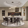Modern Restaurant Interior With Round Dining Table Gray Chairs Chandelier And Wine Cabinet