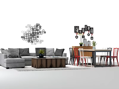 Gray Sofa And Wooden Coffee Table Set In Modern Living Room With Geometric Wall Decor 3d model